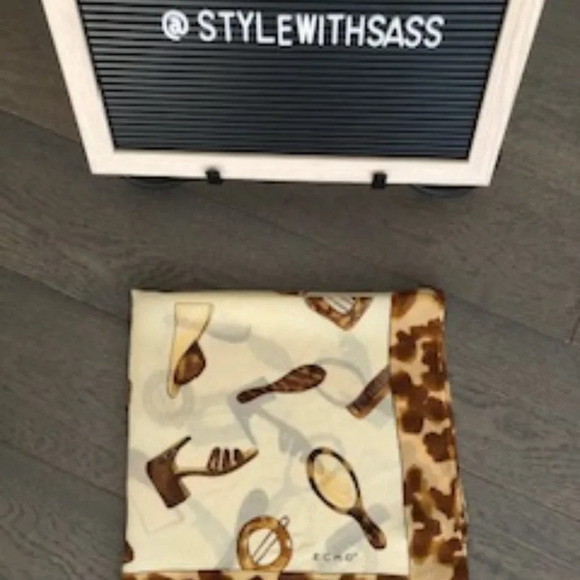 Echo 100% Silk Square Scarf Fashion Motif & Animal Print Cream + Brown Sz OS - Picture 1 of 3